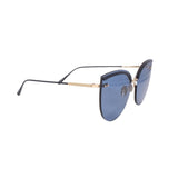 Side view of blue cat-eye sunglasses with metal arms and gold hinge details