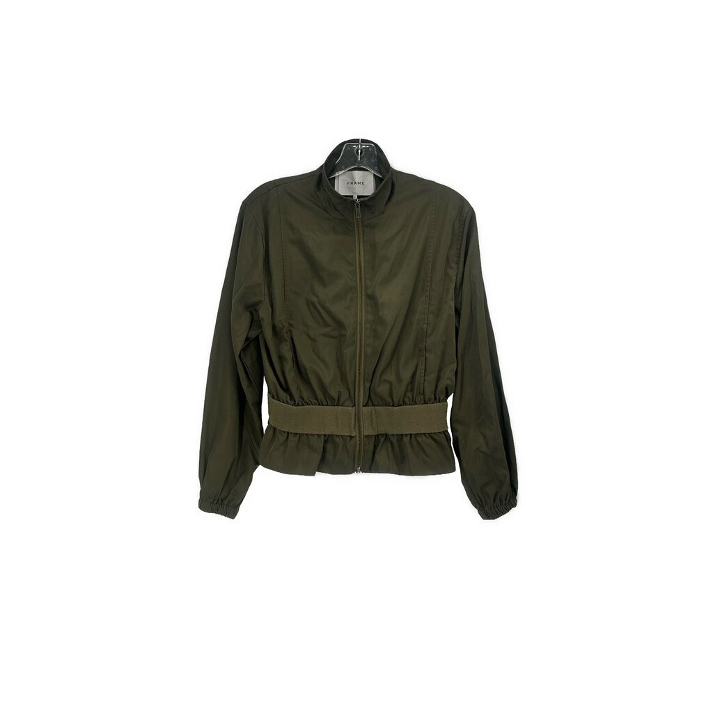 Green cinch waist jacket with front zipper and stand collar, cropped