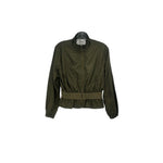 Green cinch waist jacket with front zipper and stand collar, cropped