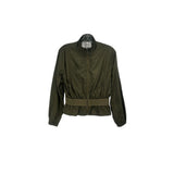Green cinch waist jacket with front zipper and stand collar, cropped