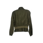 Green cinch waist jacket with stand collar, long sleeves, cropped back view