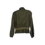 Green cinch waist jacket with stand collar, long sleeves, cropped back view