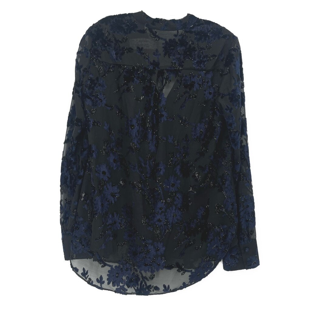 Velvet print blouse with scattered blue floral motifs, round neck, long sleeves
