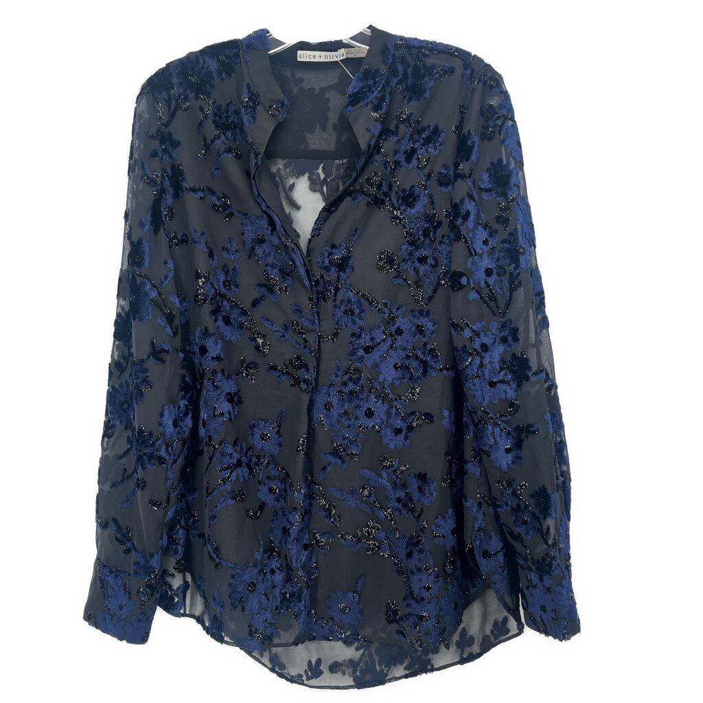 Velvet print top with V-neck and long sleeves, dark floral pattern