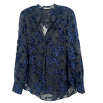 Velvet print blouse with blue floral pattern and button-front V-neck, long sleeves