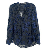 Velvet print blouse with blue floral pattern and button-front V-neck, long sleeves