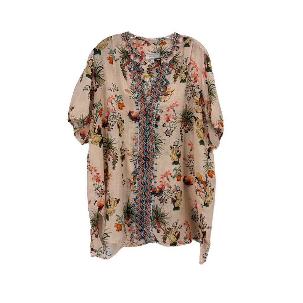 Johnny Was printed blouse top with V neckline and colorful tropical front trim