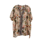 Johnny Was printed blouse top with V neckline and colorful tropical front trim