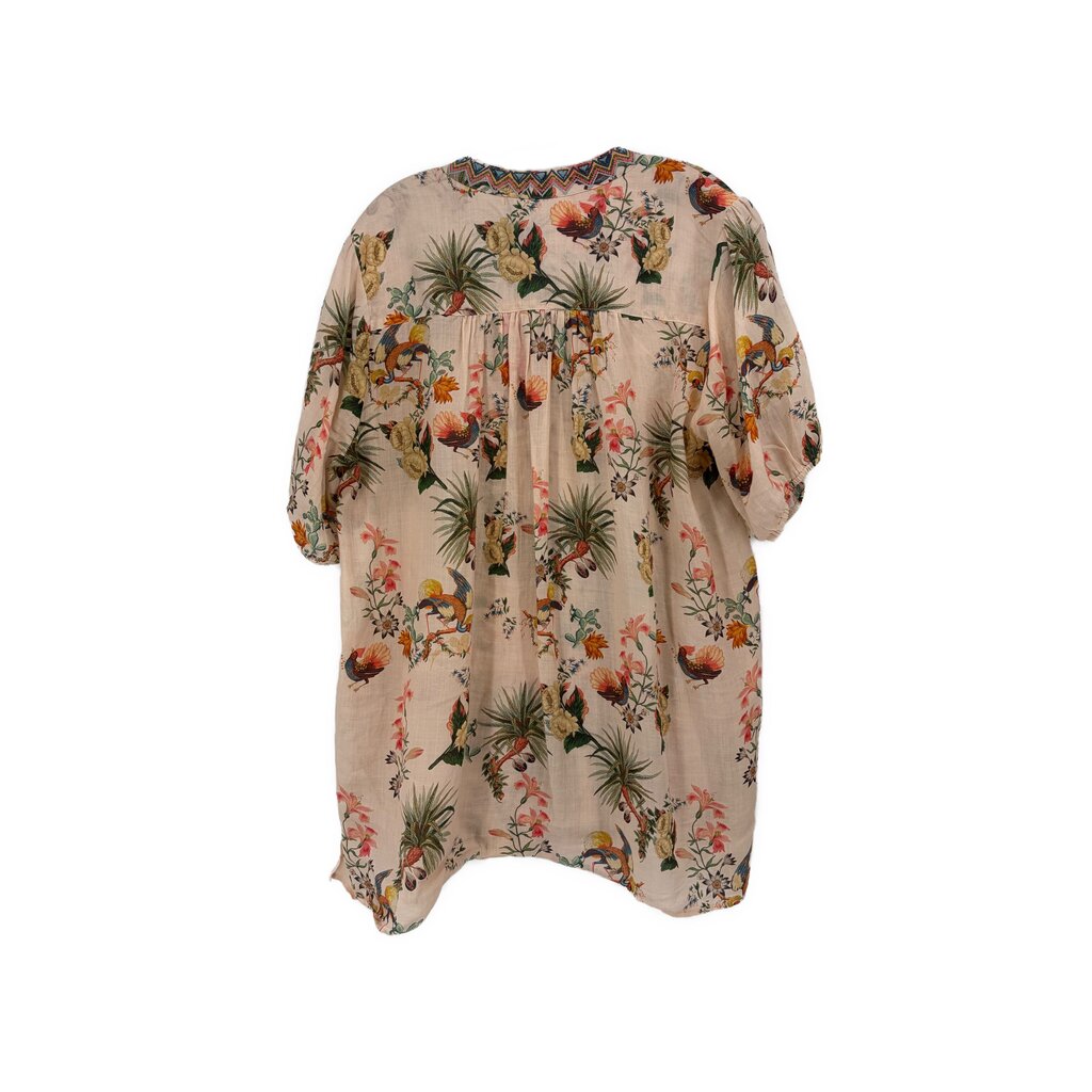 Johnny Was printed blouse top, short puff sleeves and back yoke detail