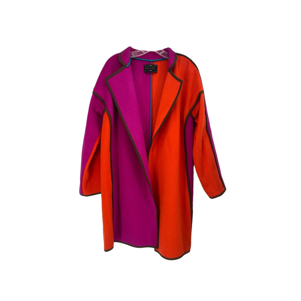 Purple and orange colorblock outerwear coat, notched lapels, open front
