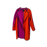 Purple and orange colorblock outerwear coat, notched lapels, open front