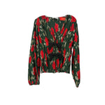 WAYF green floral print v-neck top with long sleeves and waist tie