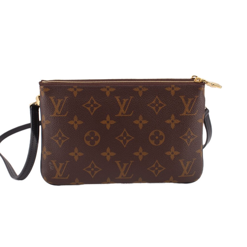 Dark brown monogram double-zip crossbody pochette with shoulder strap