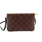 Dark brown monogram double-zip crossbody pochette with shoulder strap
