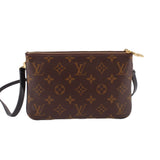 Dark brown monogram double-zip crossbody pochette with shoulder strap