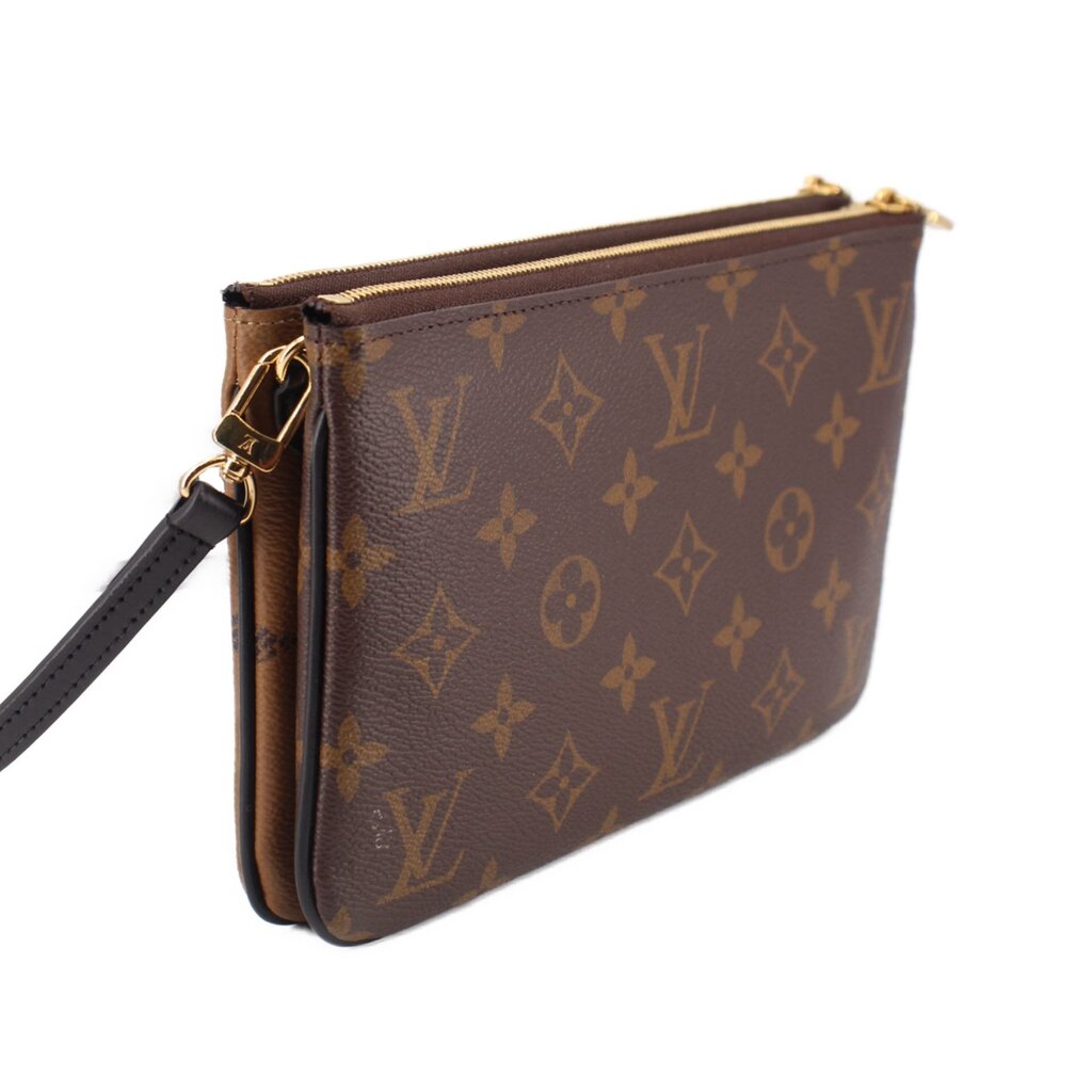 Brown monogram pochette with zipper edge and black strap attachment