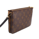 Brown monogram pochette with zipper edge and black strap attachment