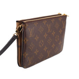 Brown monogram pochette with zipper edge and black strap attachment