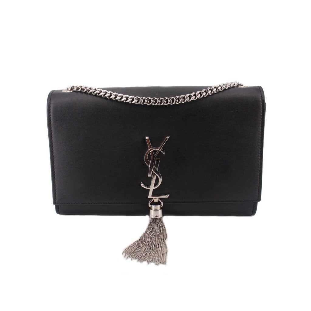 SAINT LAURENT medium Kate crossbody bag in black with silver chain and tassel charm