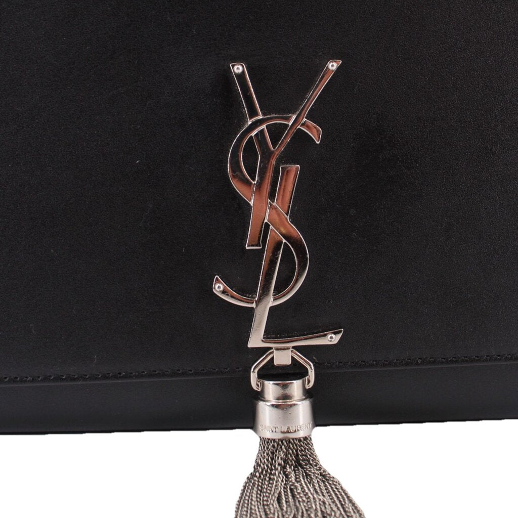 YSL logo clasp and tassel on SAINT LAURENT black medium Kate crossbody bag