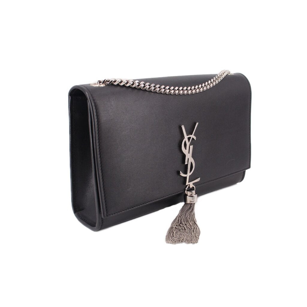 SAINT LAURENT medium Kate crossbody bag, black with silver chain strap and YSL clasp