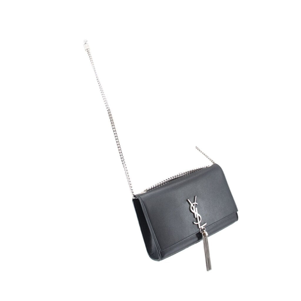 Black SAINT LAURENT crossbody bag with silver chain strap and small tassel
