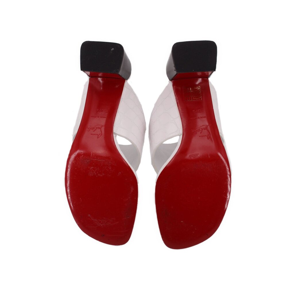 Red outsole view of sandals with black heel tips