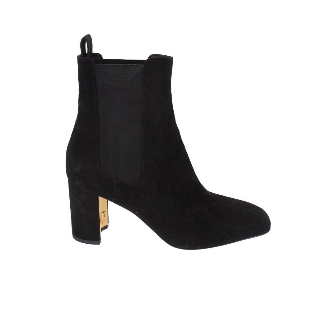 Black suede pull-on chelsea ankle booties with block heel