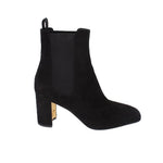 Black suede pull-on chelsea ankle booties with block heel