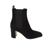Black suede pull-on chelsea ankle booties with block heel