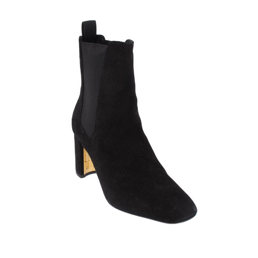 Black suede ankle booties with elastic side panels and block heel