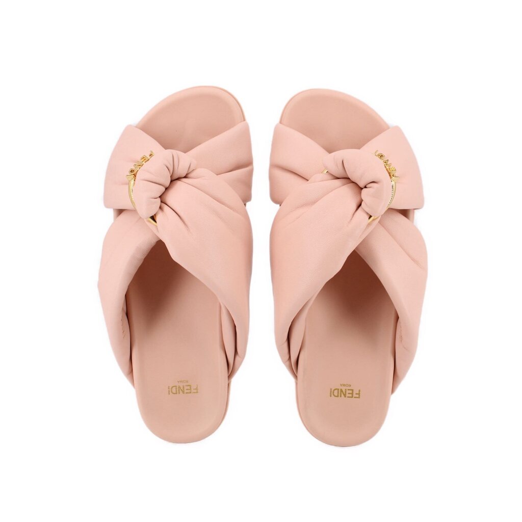 Blush thong-style slide sandals with knotted bow and gold FENDI charm