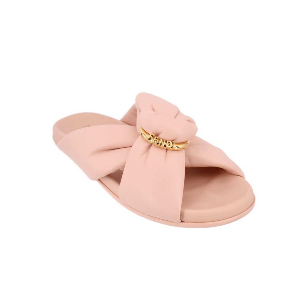 Blush slide sandals with knotted bow and gold FENDI chain detail