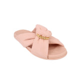 Blush slide sandals with knotted bow and gold FENDI chain detail