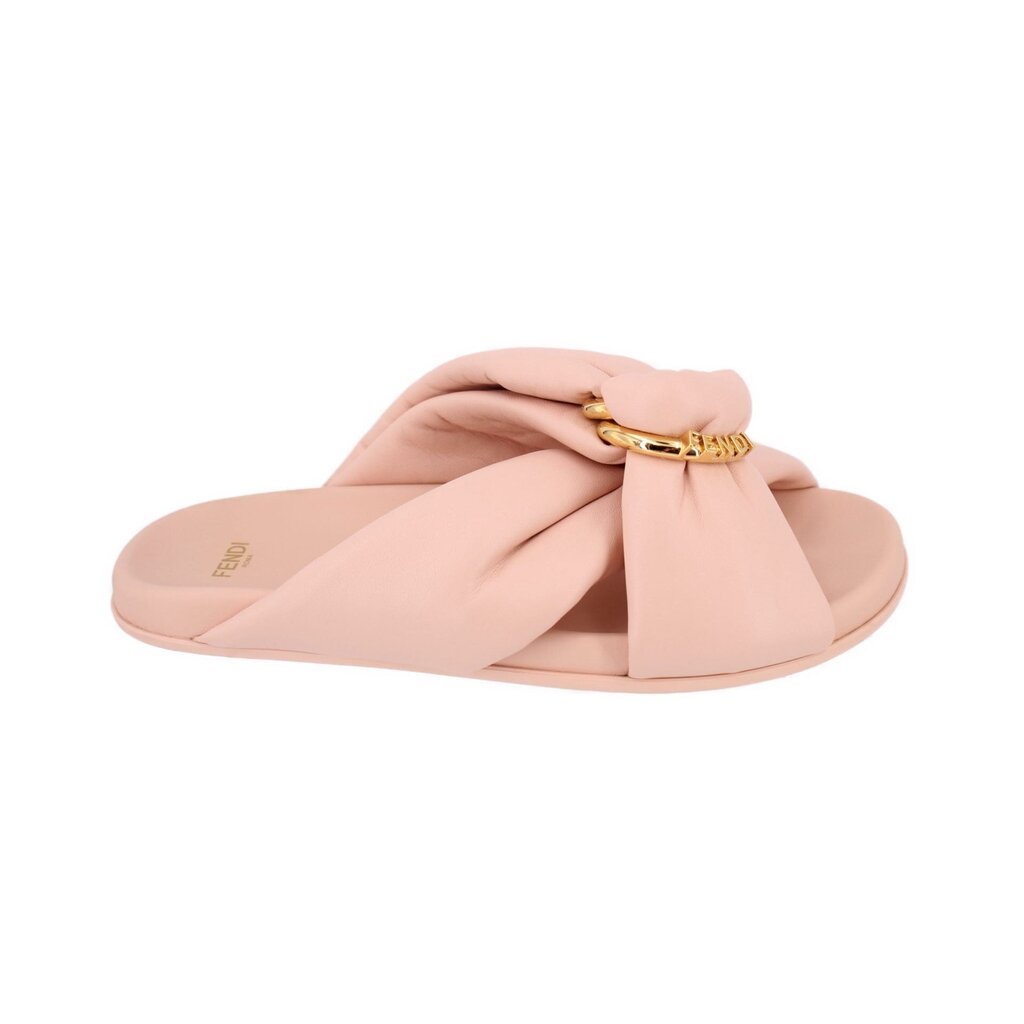 Blush slide sandals with twisted bow strap and gold-tone chain logo