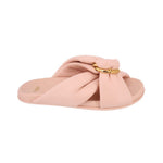 Blush slide sandals with twisted bow strap and gold-tone chain logo