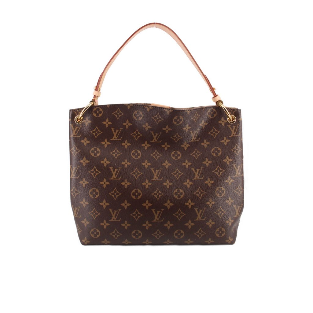 Louis Vuitton monogram shoulder bag with top handles, brown canvas and tan leather strap