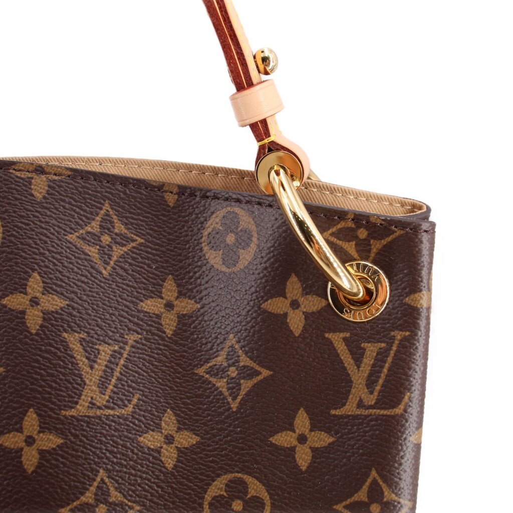 Louis Vuitton monogram shoulder strap hardware, brown canvas with tan strap and clasp