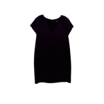 Dark purple short-sleeve dress with V-neck and fitted silhouette