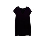 Dark purple short-sleeve dress with V-neck and fitted silhouette