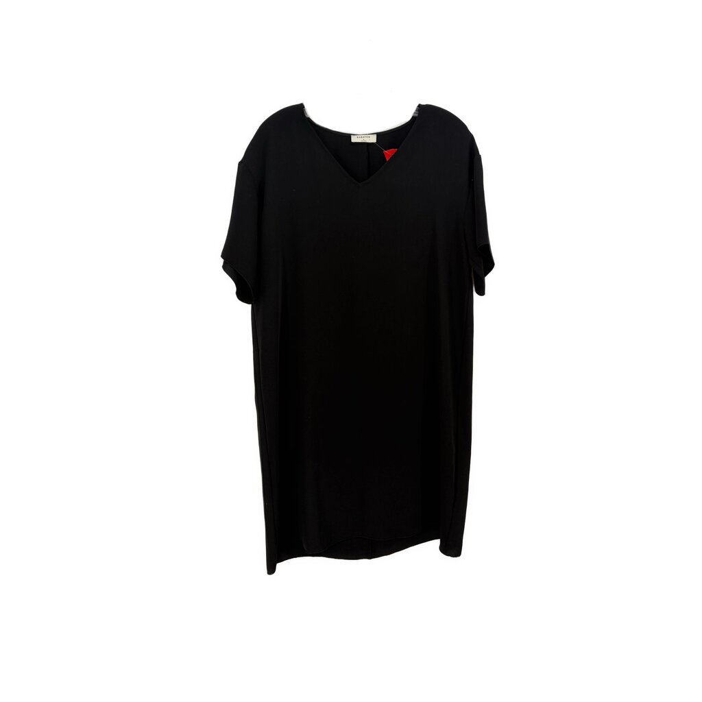 Black short-sleeve dress with V-neck and draped sleeves