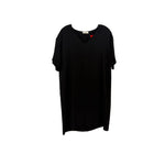 Black short-sleeve dress with V-neck and draped sleeves
