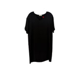 Black short-sleeve dress with V-neck and draped sleeves