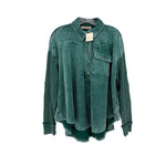 Green corduroy henley top with front buttons and chest pocket, long sleeves