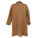 Brown wool overcoat back view with long hem and centered seam
