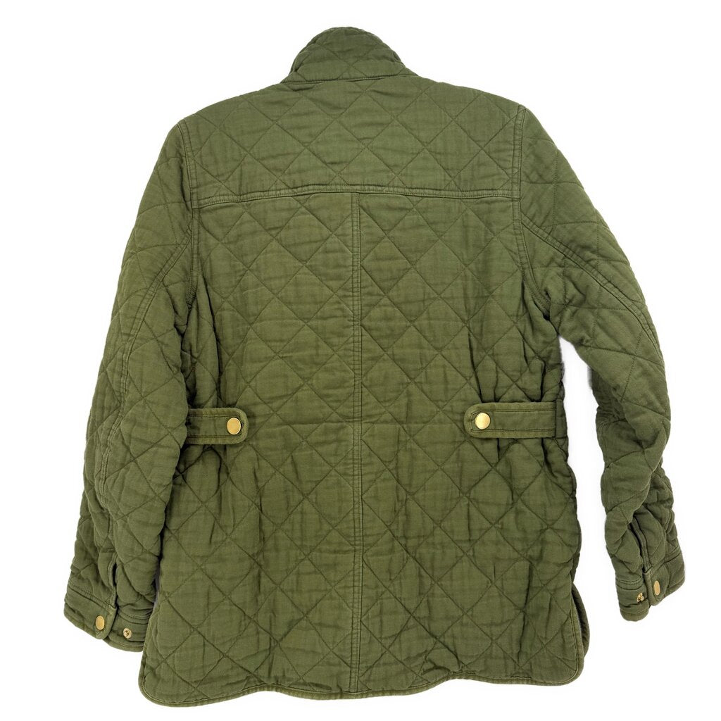 Green quilted jacket back view with stand collar, button cuffs