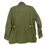 Green quilted jacket back view with stand collar, button cuffs
