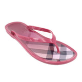 Pink rubber thong sandals with T-strap and check-pattern footbed lining
