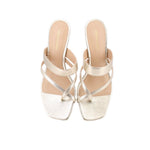 Metallic heeled sandals with open toe, cross straps, and slim stiletto heel