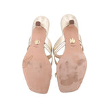 Metallic strappy sandal heels with open-toe design, showing insoles and outsole bottoms
